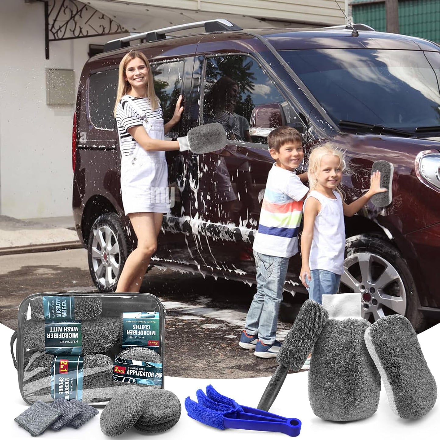 HOVIBU Auto Reinigungsset, 10 Pcs Autopflege Set, Autowäsche Set Für Innenraum Und Außen Mit Reifenbürste, Mehrzweck-Reinigungstüchern, Praktische Tragetasche Inklusive, Grau