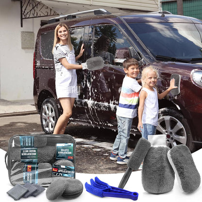 HOVIBU Auto Reinigungsset, 10 Pcs Autopflege Set, Autowäsche Set Für Innenraum Und Außen Mit Reifenbürste, Mehrzweck-Reinigungstüchern, Praktische Tragetasche Inklusive, Grau