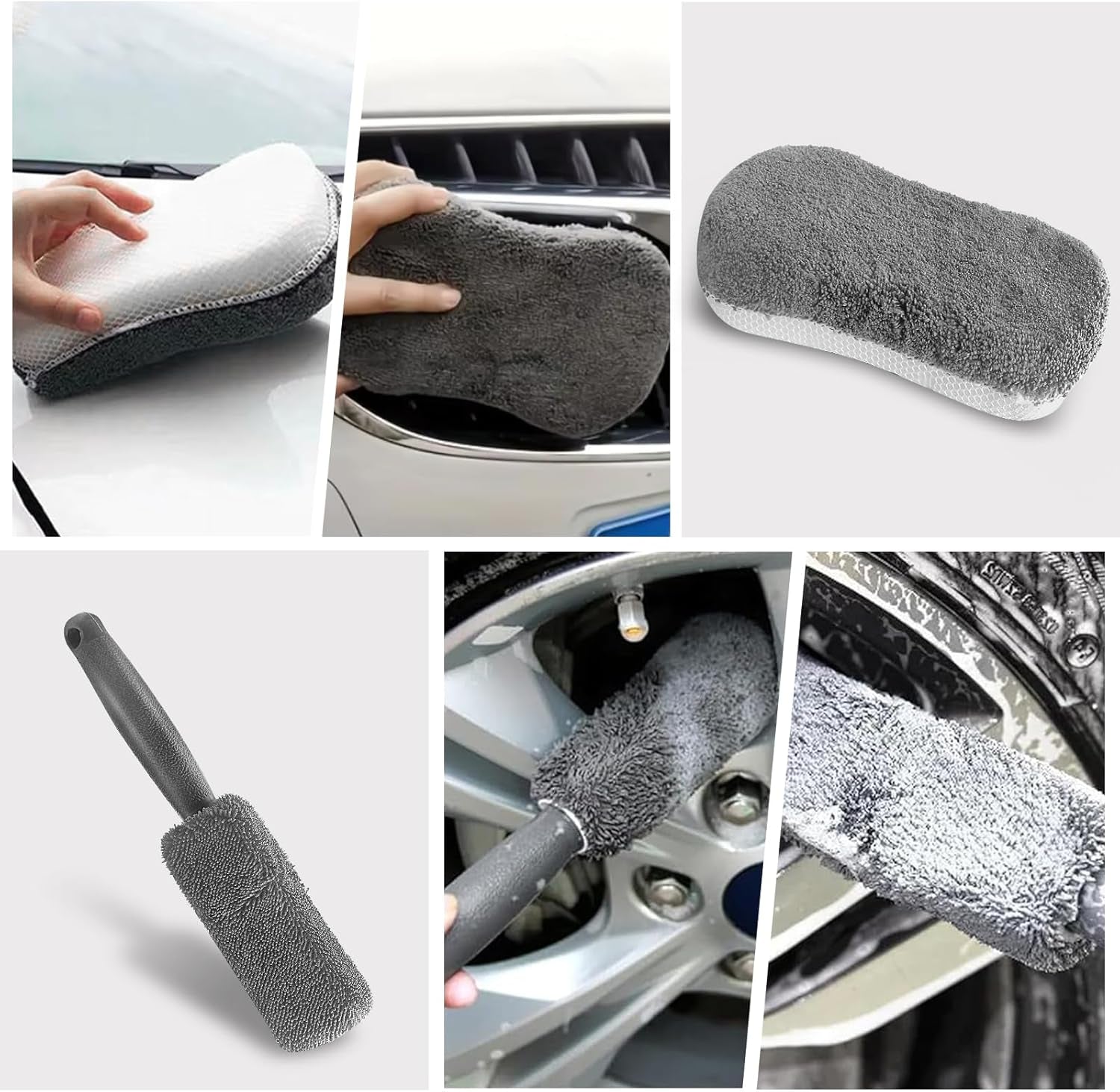 HOVIBU Auto Reinigungsset, 10 Pcs Autopflege Set, Autowäsche Set Für Innenraum Und Außen Mit Reifenbürste, Mehrzweck-Reinigungstüchern, Praktische Tragetasche Inklusive, Grau