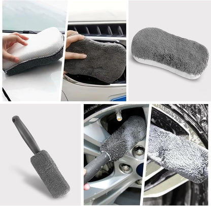 HOVIBU Auto Reinigungsset, 10 Pcs Autopflege Set, Autowäsche Set Für Innenraum Und Außen Mit Reifenbürste, Mehrzweck-Reinigungstüchern, Praktische Tragetasche Inklusive, Grau