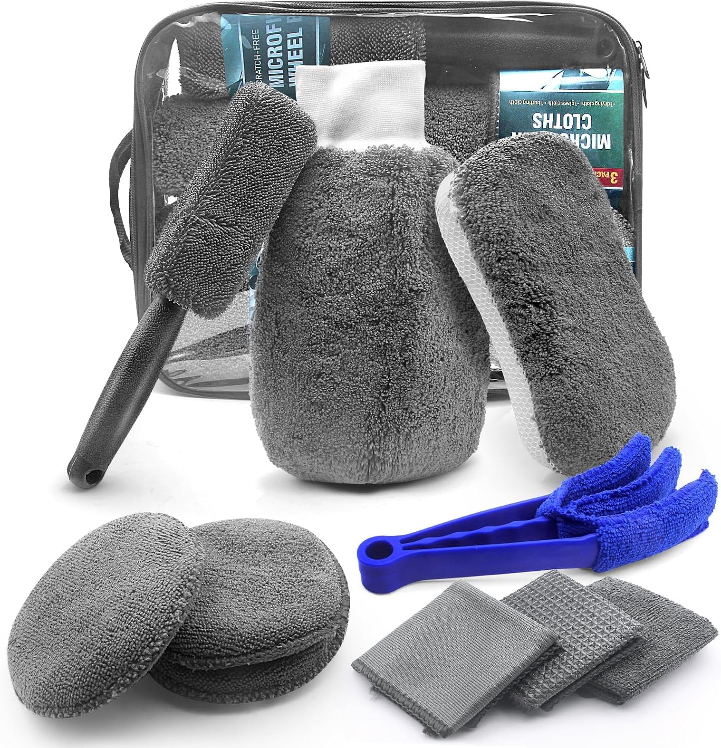 HOVIBU Auto Reinigungsset, 10 Pcs Autopflege Set, Autowäsche Set Für Innenraum Und Außen Mit Reifenbürste, Mehrzweck-Reinigungstüchern, Praktische Tragetasche Inklusive, Grau