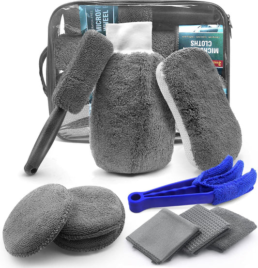 HOVIBU Auto Reinigungsset, 10 Pcs Autopflege Set, Autowäsche Set Für Innenraum Und Außen Mit Reifenbürste, Mehrzweck-Reinigungstüchern, Praktische Tragetasche Inklusive, Grau
